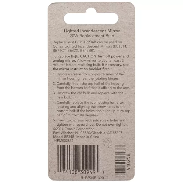 Conair Incandescent Mirror Replacement Bulbs, 20W, 1 Clear &amp; 1 Blue