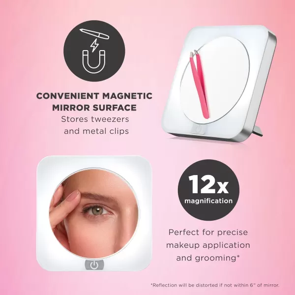 Conair Lighted Makeup Mirror, 12X Magnifying Mirror with Suction Cup, Compact Mirror, Travel Mirror with Light, Magnetic Mirror, Battery Operated in White