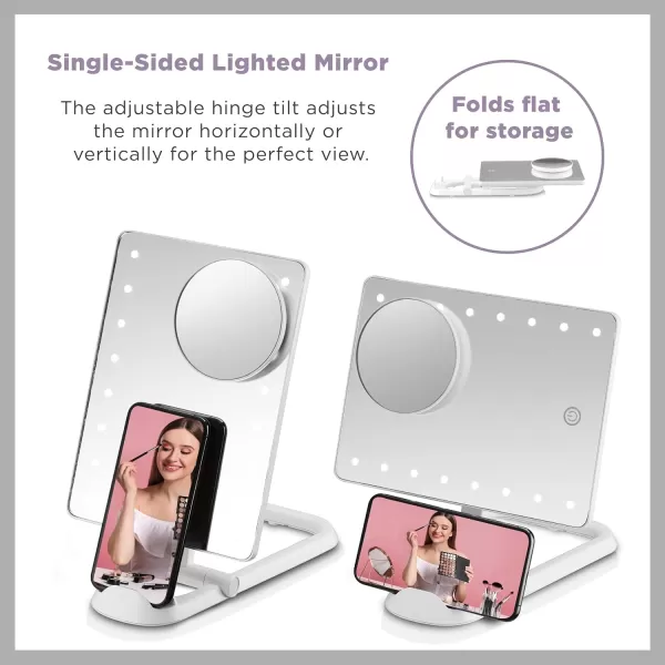 Conair Lighted Makeup Mirror with 10X Spot Magnification and Phone Holder, Portable Mirror, LED Makeup Mirror with Lights, 1X/10X Magnifying Mirror, Battery Operated in Glossy White
