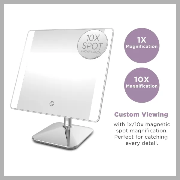 Conair Lighted Makeup Mirror with 10X Spot Magnification and Phone Holder, Portable Mirror, LED Makeup Mirror with Lights, 1X/10X Magnifying Mirror, Battery Operated in Glossy White