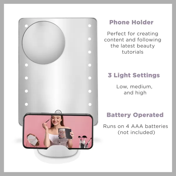 Conair Lighted Makeup Mirror with 10X Spot Magnification and Phone Holder, Portable Mirror, LED Makeup Mirror with Lights, 1X/10X Magnifying Mirror, Battery Operated in Glossy White