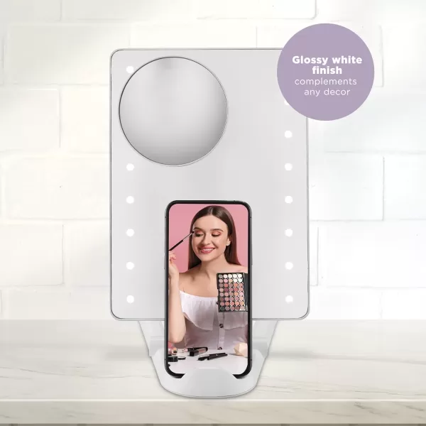 Conair Lighted Makeup Mirror with 10X Spot Magnification and Phone Holder, Portable Mirror, LED Makeup Mirror with Lights, 1X/10X Magnifying Mirror, Battery Operated in Glossy White
