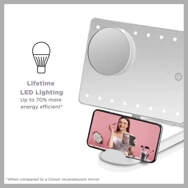 Conair Lighted Makeup Mirror with 10X Spot Magnification and Phone Holder, Portable Mirror, LED Makeup Mirror with Lights, 1X/10X Magnifying Mirror, Battery Operated in Glossy White