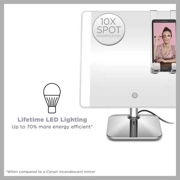 Conair Lighted Makeup Mirror with 10X Spot Magnification and Phone Holder, Portable Mirror, LED Makeup Mirror with Lights, 1X/10X Magnifying Mirror, Battery Operated in Glossy White