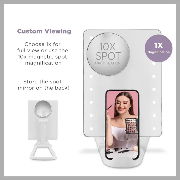 Conair Lighted Makeup Mirror with 10X Spot Magnification and Phone Holder, Portable Mirror, LED Makeup Mirror with Lights, 1X/10X Magnifying Mirror, Battery Operated in Glossy White