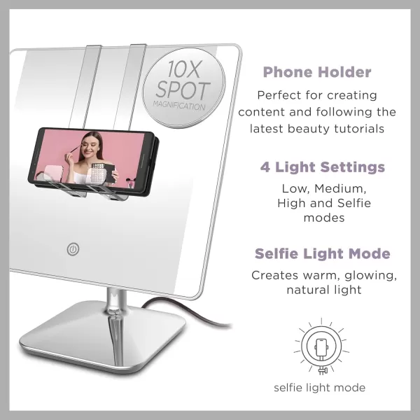 Conair Lighted Makeup Mirror with 10X Spot Magnification and Phone Holder, Portable Mirror, LED Makeup Mirror with Lights, 1X/10X Magnifying Mirror, Battery Operated in Glossy White