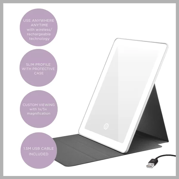 Conair Lighted Makeup Mirror with 5X Spot Magnification, LED Vanity Mirror, 1X/5X Magnifying Mirror, Foldable Mirror with Case, Rechargeable in White