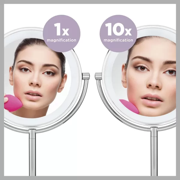 Conair Lighted Makeup Mirror with Magnification, LED Vanity Mirror, 1X/10X Magnifying Mirror, Double Sided Mirror, Battery Operated in Polished Chrome