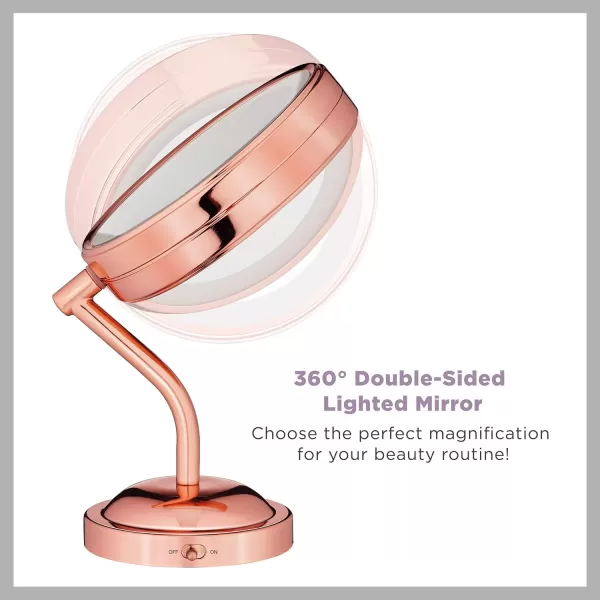 Conair Lighted Makeup-Mirror with Magnification, LED Vanity-Mirror, 1X/5X Magnifying-Mirror, Double Sided-Mirror, Operated in-Battery Rose Gold