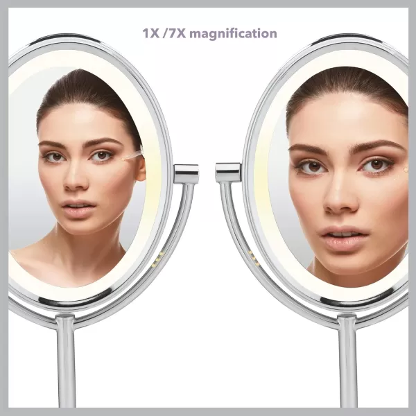 Conair Lighted Makeup Mirror with Magnification, Oval Mirror, LED Vanity Mirror, 1X/7X Magnifying Mirror, Double Sided Mirror, Corded in Polished Chrome