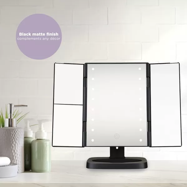 Conair Reflections Tri-Panel LED Lighted Vanity Makeup Mirror, 1x/2x/3x magnification, Matte Black finish