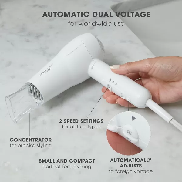 Conair Travel Hair Dryer, Mini Hair Dryer, 1200-Watt Ceramic Travel Blow Dryer in White by Travel Smart, White)