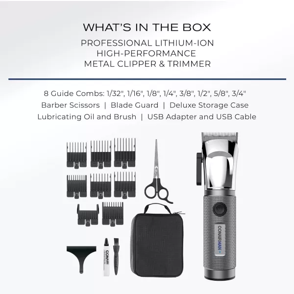 ConairMAN Close-Cut, Cordless Precision Hair Clipper and Trimmer Set, 8 Combs, Barber Hair Cutting Scissors, Blade Guard, Storage Case, Oil and Brush, Lithium-Ion Battery, Clippers for Hair Cutting