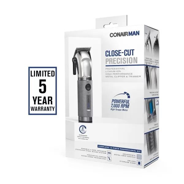 ConairMAN Close-Cut, Cordless Precision Hair Clipper and Trimmer Set, 8 Combs, Barber Hair Cutting Scissors, Blade Guard, Storage Case, Oil and Brush, Lithium-Ion Battery, Clippers for Hair Cutting