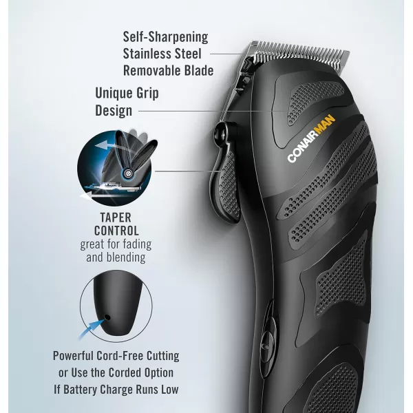 ConairMAN Number Cut, Cord/Cordless Men’s Hair Clippers and Trimmers Set, Includes Barber Comb and Scissors, Cleaning Brush, Oil, Blade Guard and Deluxe Storage Case, At-Home Clipper Kit, Rechargeable