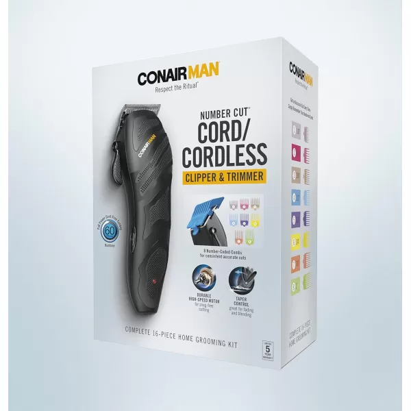 ConairMAN Number Cut, Cord/Cordless Men’s Hair Clippers and Trimmers Set, Includes Barber Comb and Scissors, Cleaning Brush, Oil, Blade Guard and Deluxe Storage Case, At-Home Clipper Kit, Rechargeable