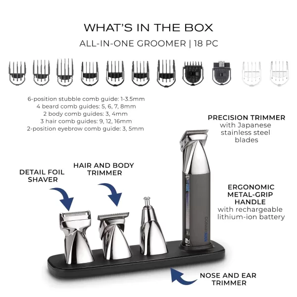 ConairMAN Ultimate Trim Precision All-in-One Beard Trimmer for Men, for Body, Face, Ear and Nose Hair Trimmer, 18 piece Men's Grooming Kit, Cordless/Rechargeable