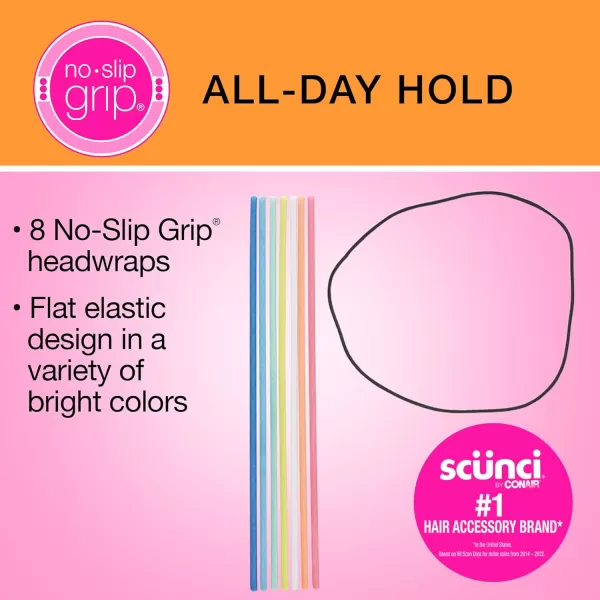 Scunci by Conair No-Slip Grip Flat Bright Headwraps, Thin Elastic Headwraps in Bright Colors, 8 Pack