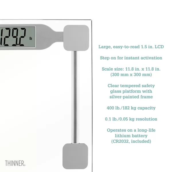 Thinner by Conair Bathroom Scale for Body Weight, Extra-Large Easy to Read Digital Scale Measures Weight Up to 400 Lbs. in Silver