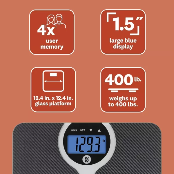 Weight Watchers Scales by Conair Bathroom Scale for Body Weight, Digital BMI Scale for 4 Users, Carbon Fiber Design Measures Weight up to 400 Lbs. in Black