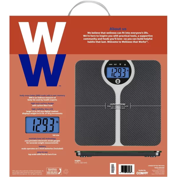 Weight Watchers Scales by Conair Bathroom Scale for Body Weight, Digital BMI Scale for 4 Users, Carbon Fiber Design Measures Weight up to 400 Lbs. in Black