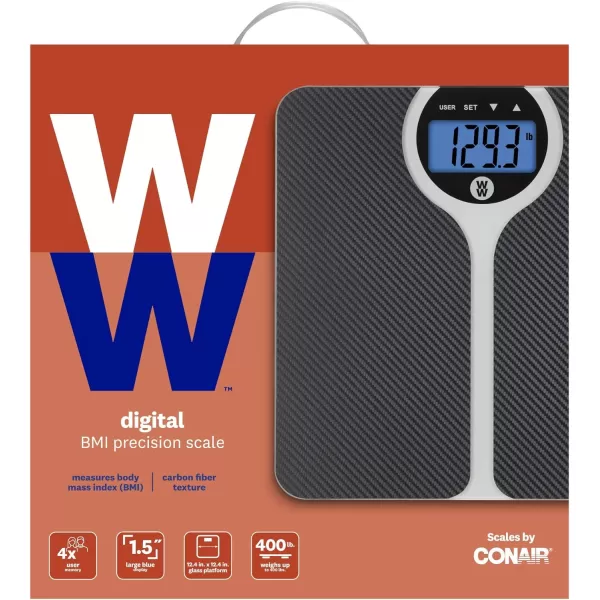 Weight Watchers Scales by Conair Bathroom Scale for Body Weight, Digital BMI Scale for 4 Users, Carbon Fiber Design Measures Weight up to 400 Lbs. in Black