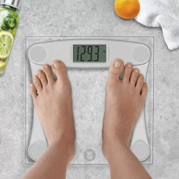 Weight Watchers Scales by Conair Bathroom Scale for Body Weight, Digital Scale, Glass Body Scale Measures Weight Up to 400 Lbs. in Black Frame