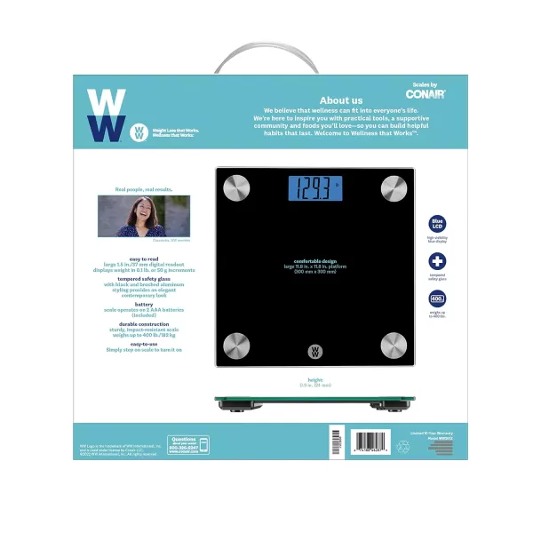Weight Watchers Scales by Conair Bathroom Scale for Body Weight, Digital Scale, Glass Measures Up to 400 Lbs. in Clear