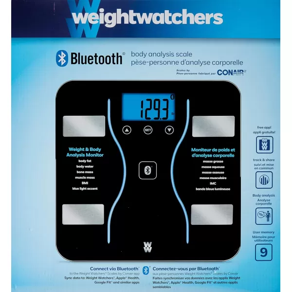 Weight Watchers Scales by Conair Bathroom Scale for Body Weight, Glass Digital Scale, Body Analysis Measures Body Fat, Body Water, BMI, Bone Mass &amp; Muscle, Measures Weight up to 400 Lbs White