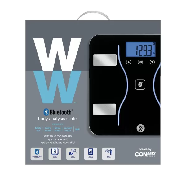 Weight Watchers Scales by Conair Bathroom Scale for Body Weight, Glass Digital Scale, Body Analysis Measures Body Fat, Body Water, BMI, Bone Mass &amp; Muscle, Measures Weight up to 400 Lbs White