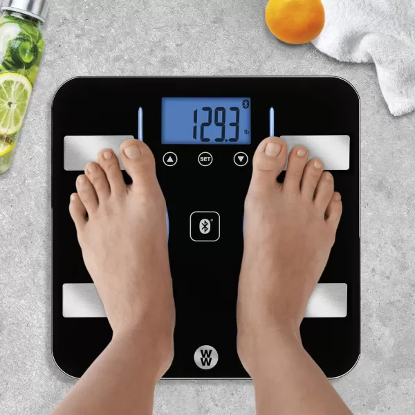 Weight Watchers Scales by Conair Bathroom Scale for Body Weight, Glass Digital Scale, Body Analysis Measures Body Fat, Body Water, BMI, Bone Mass &amp; Muscle, Measures Weight up to 400 Lbs White