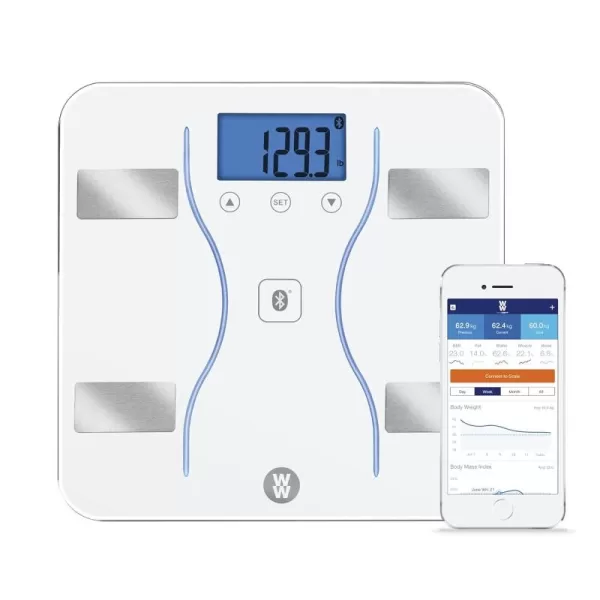 Weight Watchers Scales by Conair Bathroom Scale for Body Weight, Glass Digital Scale, Body Analysis Measures Body Fat, Body Water, BMI, Bone Mass &amp; Muscle, Measures Weight up to 400 Lbs White