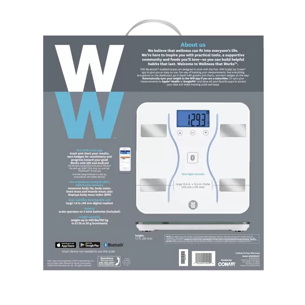 Weight Watchers Scales by Conair Bathroom Scale for Body Weight, Glass Digital Scale, Body Analysis Measures Body Fat, Body Water, BMI, Bone Mass &amp; Muscle, Measures Weight up to 400 Lbs White
