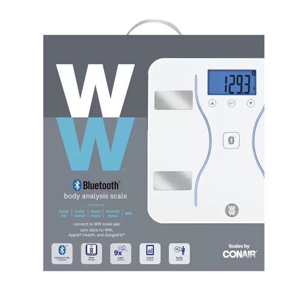 Weight Watchers Scales by Conair Bathroom Scale for Body Weight, Glass Digital Scale, Body Analysis Measures Body Fat, Body Water, BMI, Bone Mass &amp; Muscle, Measures Weight up to 400 Lbs White