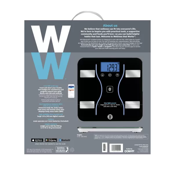 Weight Watchers Scales by Conair Bathroom Scale for Body Weight, Glass Digital Scale, Body Analysis Measures Body Fat, Body Water, BMI, Bone Mass &amp; Muscle, Measures Weight up to 400 Lbs White