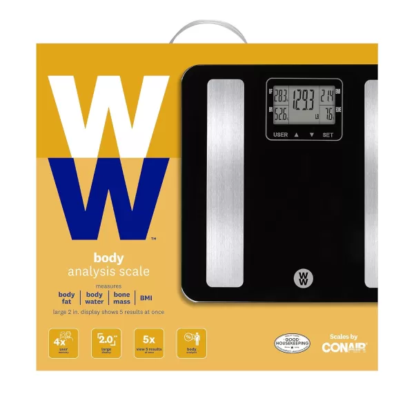 Weight Watchers Scales by Conair BathroomScale for Body Weight,Glass Digital Scale with Body Analysis Measures Body Fat, Body Water,BMI, &amp; Bone Mass for 4 Users, Measures Weight up to 400 Lbs.in Black