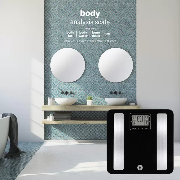 Weight Watchers Scales by Conair BathroomScale for Body Weight,Glass Digital Scale with Body Analysis Measures Body Fat, Body Water,BMI, &amp; Bone Mass for 4 Users, Measures Weight up to 400 Lbs.in Black