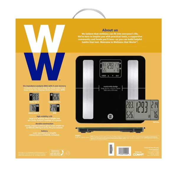 Weight Watchers Scales by Conair BathroomScale for Body Weight,Glass Digital Scale with Body Analysis Measures Body Fat, Body Water,BMI, &amp; Bone Mass for 4 Users, Measures Weight up to 400 Lbs.in Black