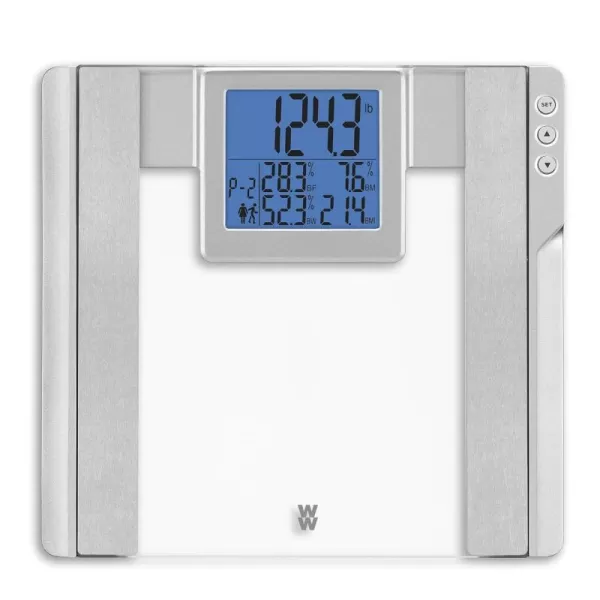 Weight Watchers Scales by Conair BathroomScale for Body Weight,Glass Digital Scale with Body Analysis Measures Body Fat, Body Water,BMI, &amp; Bone Mass for 4 Users, Measures Weight up to 400 Lbs.in Black