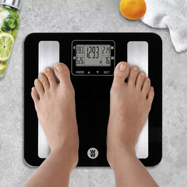 Weight Watchers Scales by Conair BathroomScale for Body Weight,Glass Digital Scale with Body Analysis Measures Body Fat, Body Water,BMI, &amp; Bone Mass for 4 Users, Measures Weight up to 400 Lbs.in Black