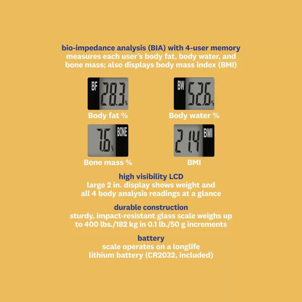 Weight Watchers Scales by Conair BathroomScale for Body Weight,Glass Digital Scale with Body Analysis Measures Body Fat, Body Water,BMI, &amp; Bone Mass for 4 Users, Measures Weight up to 400 Lbs.in Black
