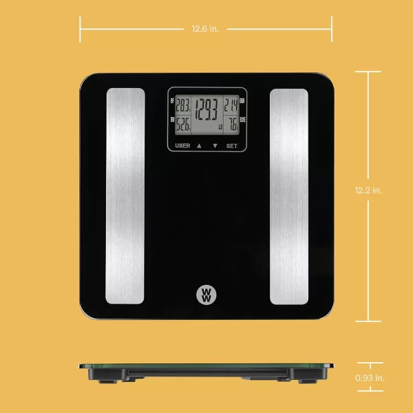 Weight Watchers Scales by Conair BathroomScale for Body Weight,Glass Digital Scale with Body Analysis Measures Body Fat, Body Water,BMI, &amp; Bone Mass for 4 Users, Measures Weight up to 400 Lbs.in Black