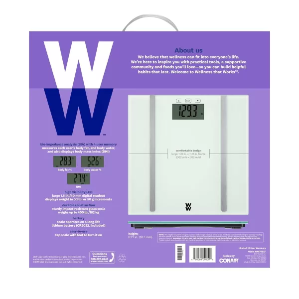 Weight Watchers Scales by Conair BathroomScale for Body Weight,Glass Digital Scale with Body Analysis Measures Body Fat, Body Water,BMI, &amp; Bone Mass for 4 Users, Measures Weight up to 400 Lbs.in Black
