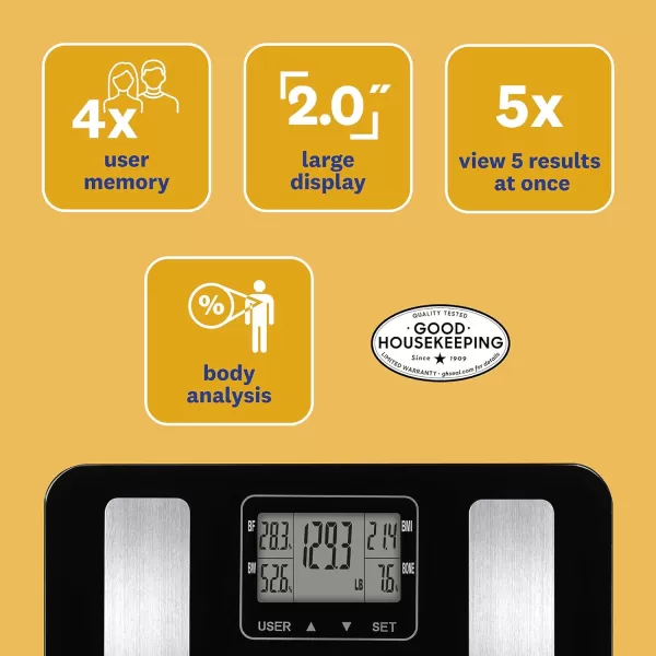 Weight Watchers Scales by Conair BathroomScale for Body Weight,Glass Digital Scale with Body Analysis Measures Body Fat, Body Water,BMI, &amp; Bone Mass for 4 Users, Measures Weight up to 400 Lbs.in Black