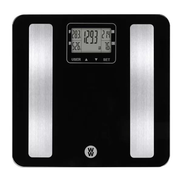 Weight Watchers Scales by Conair BathroomScale for Body Weight,Glass Digital Scale with Body Analysis Measures Body Fat, Body Water,BMI, &amp; Bone Mass for 4 Users, Measures Weight up to 400 Lbs.in Black