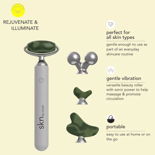 skn by conair Jade Vibrating Face Roller Kit with 4 Attachments Including Gua Sha, Refresh - Revive - Treat Your Skin To Complete Contouring for a Spa-Like Indulgence