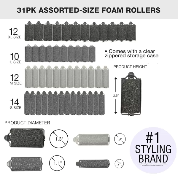 Conair Foam Hair Rollers - Heatless Curlers - Heatless Curls -Foam Rollers - Black &amp; Gray - Assorted Sizes - 48 Count w/storage case