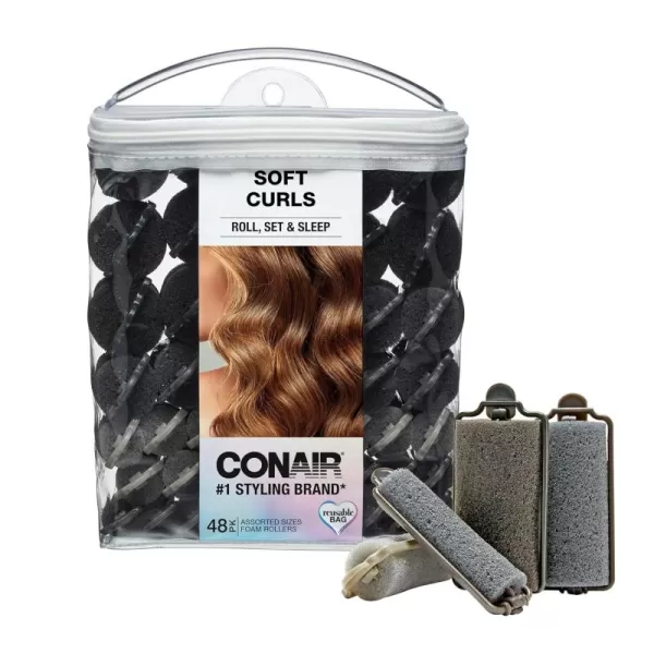 Conair Foam Hair Rollers - Heatless Curlers - Heatless Curls -Foam Rollers - Black &amp; Gray - Assorted Sizes - 48 Count w/storage case
