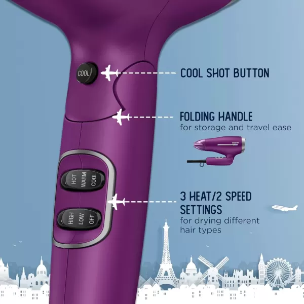 imageConair Hair Dryer Worldwide Travel Hair Dryer with Smart Voltage Technology and Folding Handle Includes ConcentratorPurple