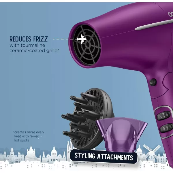 imageConair Hair Dryer Worldwide Travel Hair Dryer with Smart Voltage Technology and Folding Handle Includes ConcentratorPurple